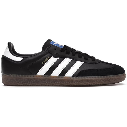 Black Adidas sneaker with white stripes on a white background