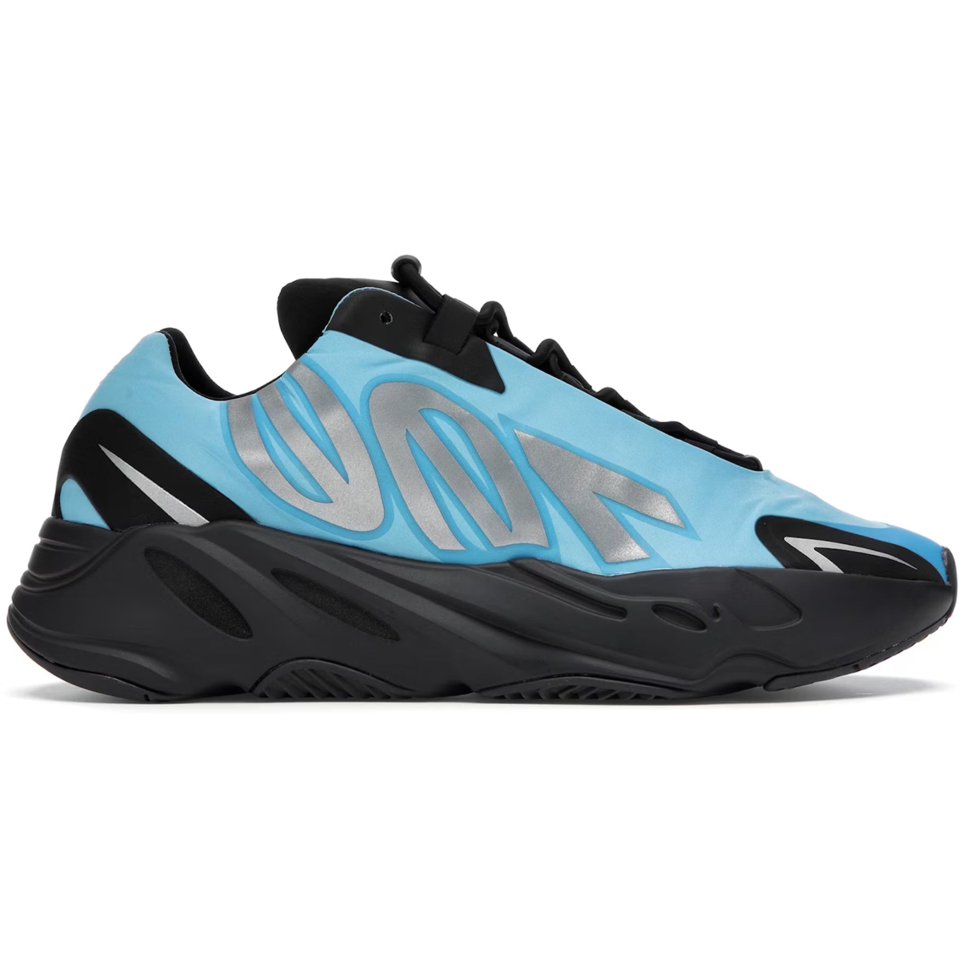 Blue and black athletic shoe with a prominent brand logo on a white background