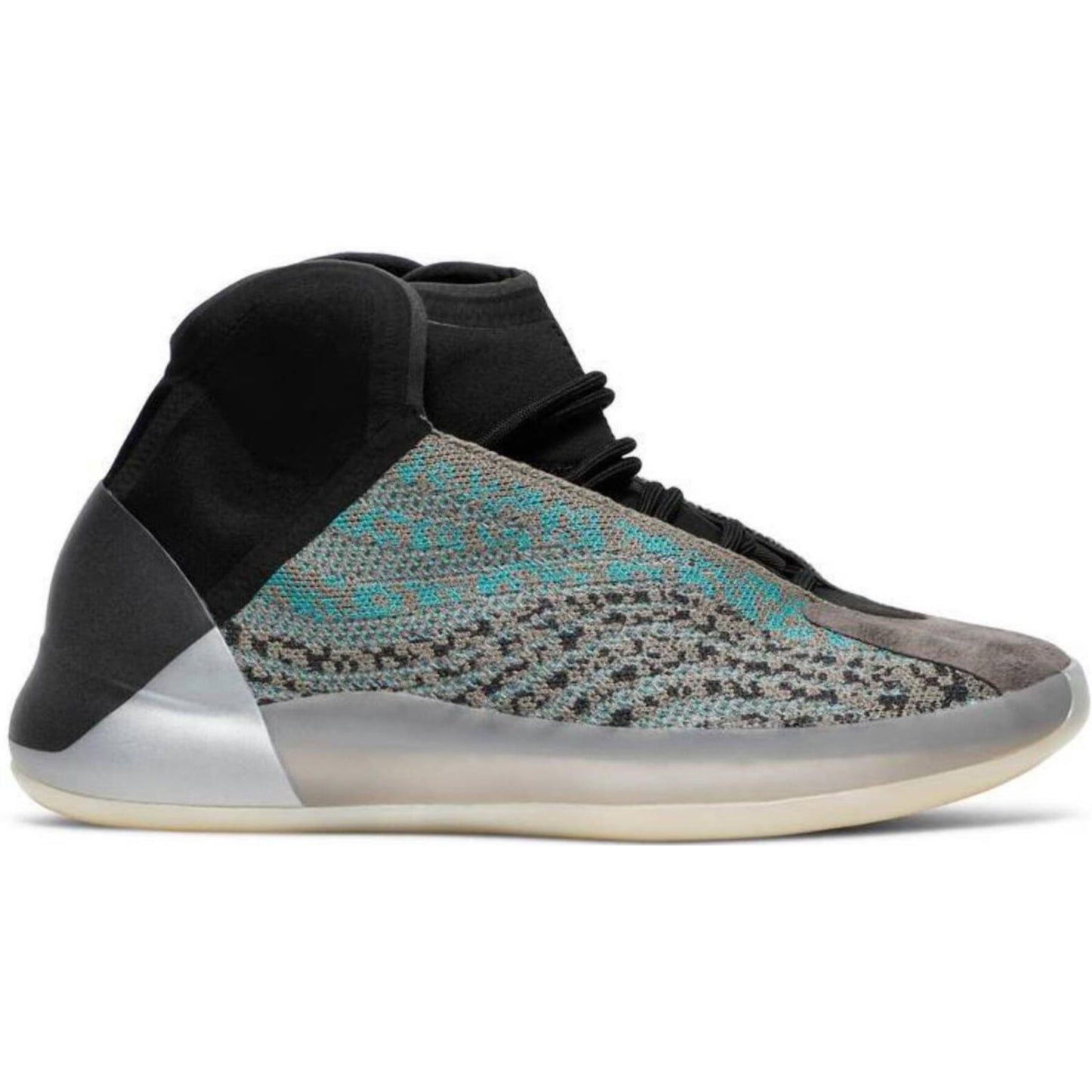 High-top sneaker with black, gray, and teal pattern on a white background