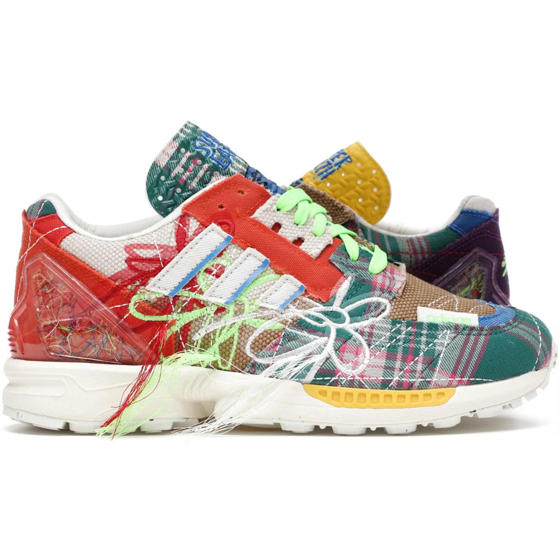Colorful sneakers with a patchwork design on a white background