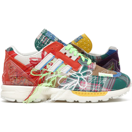 Colorful sneakers with a patchwork design on a white background